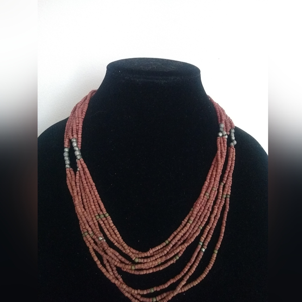 Multi-Strand Coral Color/ Silvertone Accent Beads Layered Statement Necklace